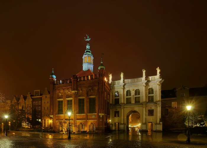 Night view of the Golden Gate in Gdansk, Poland