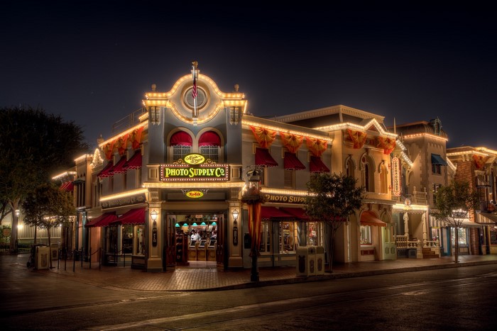 Photo Supply Co. building at night in Disneyland, California