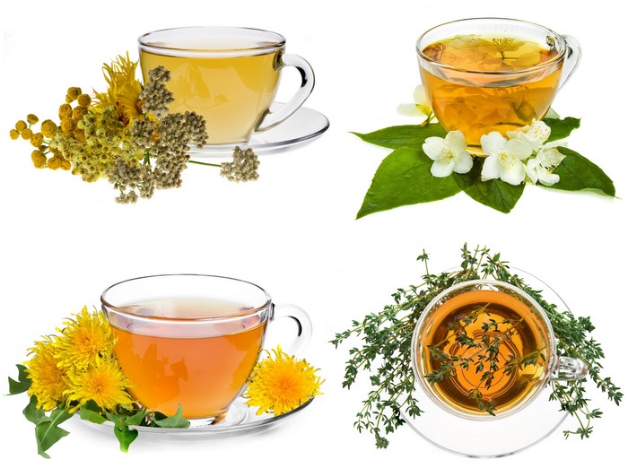 Four cups of herbal tea with flowers and herbs