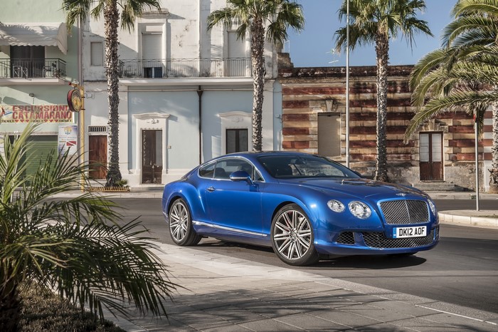 Blue 2012 Bentley Continental GT Speed with Palms