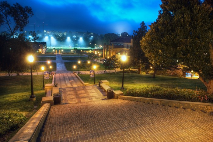 Campus stairs at night with street lights in Westwood, Los Angeles