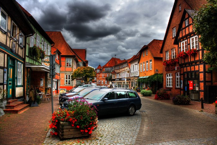 Street in Hitzacker, Germany with half-timbered houses
