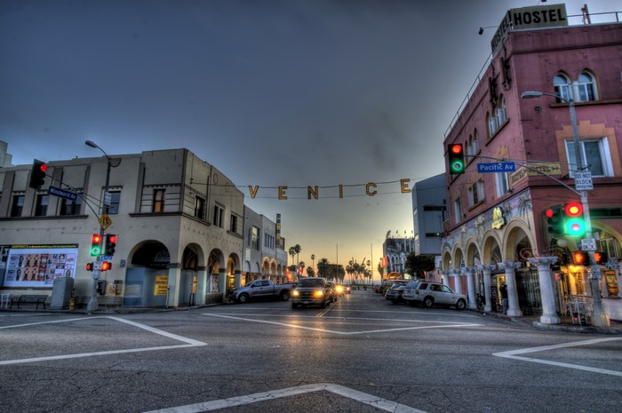 Venice sign over street intersection in California