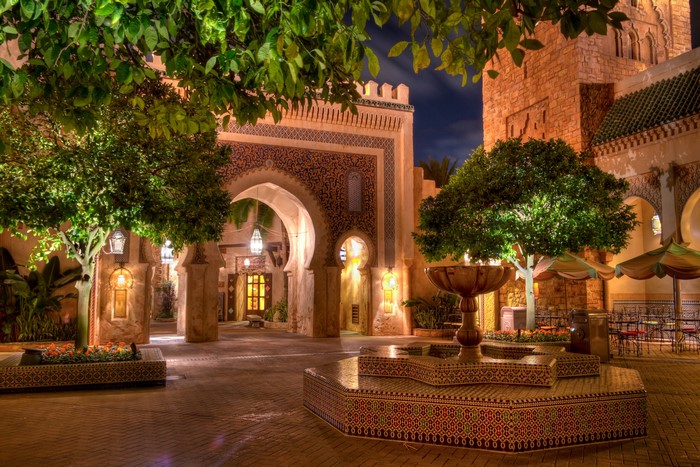 Moroccan Courtyard with Fountain at Night
