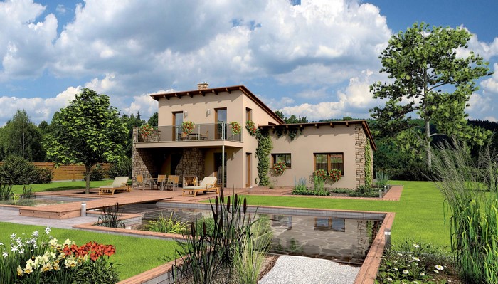 Modern house with a pond and garden