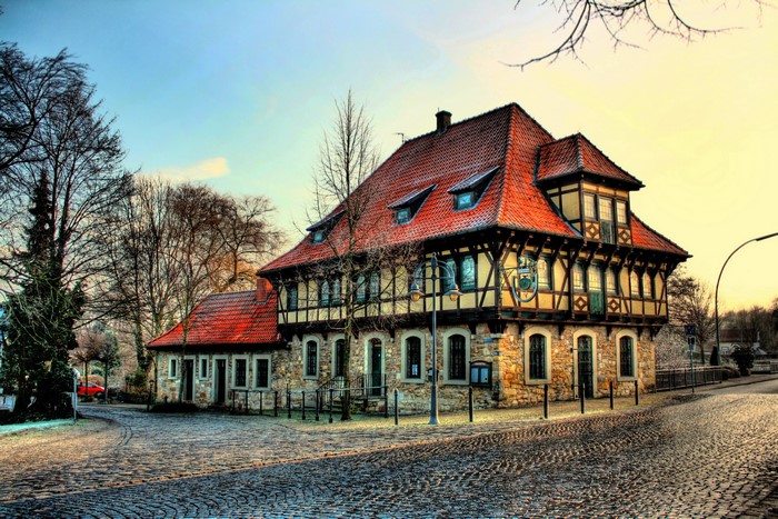 Half-timbered house in Steinfurt, Germany with cobblestone street