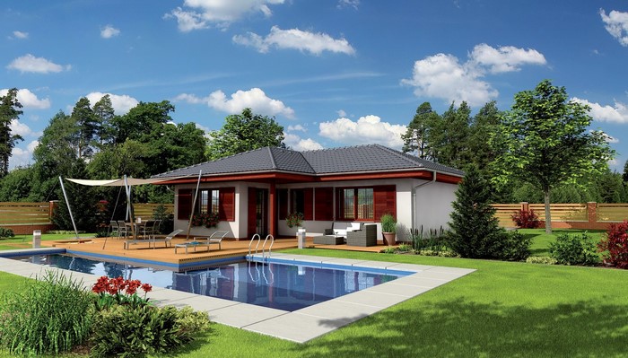 Modern house with swimming pool and outdoor furniture