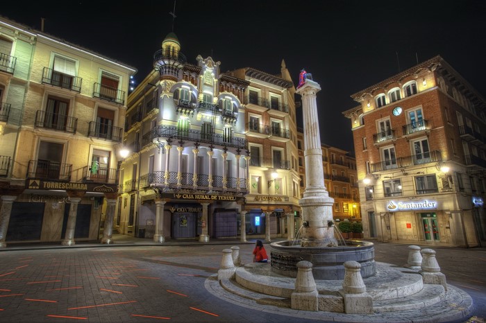 Plaza del Torico at night in Teruel, Spain