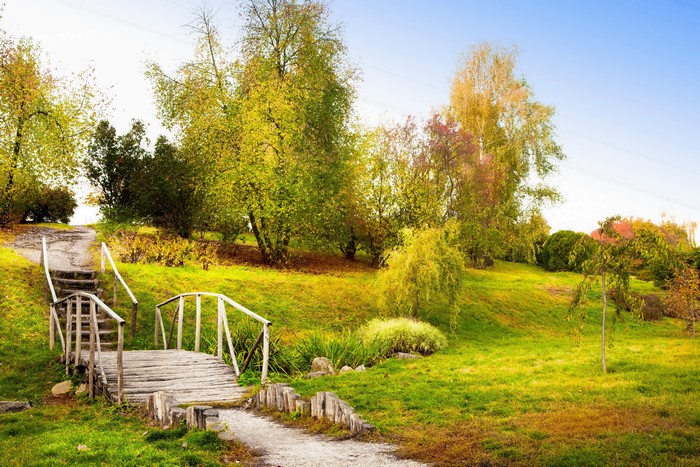 Autumn park with a wooden bridge and stairs