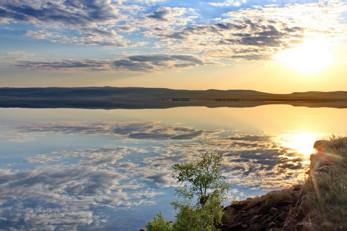 Lake reflecting the sky and clouds at sunset