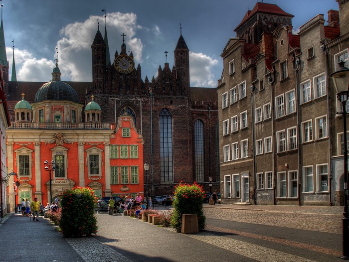 Street view of historic buildings in Poland
