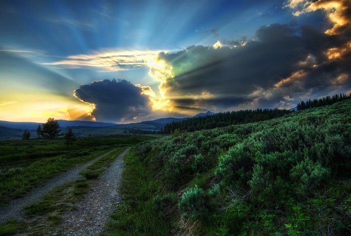 Sunbeams through clouds over a dirt road in Yellowstone