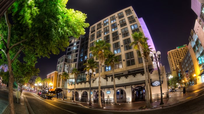 Street scene at night in San Diego, California