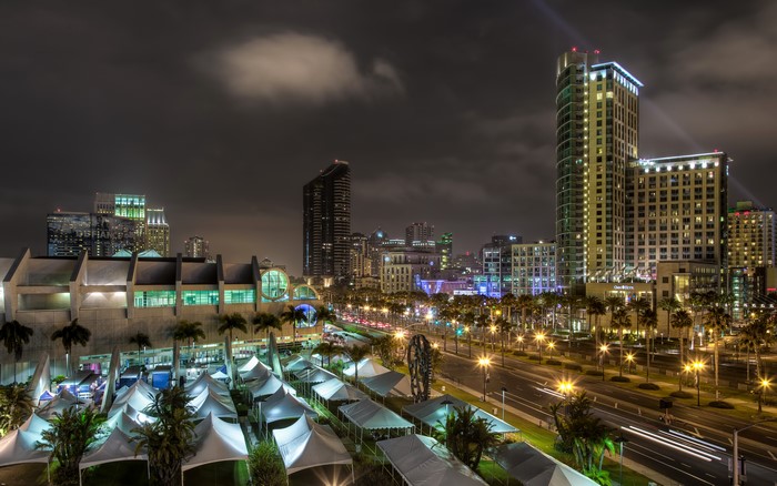 Night view of San Diego, California skyline with convention center