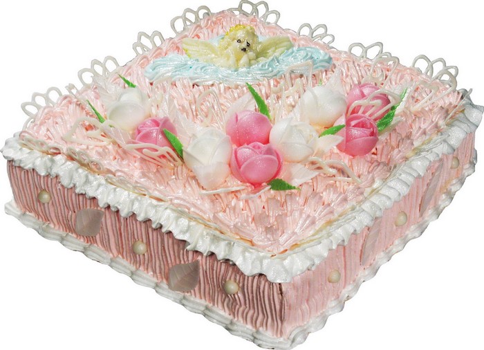 Square pink cake with floral decorations and an angel