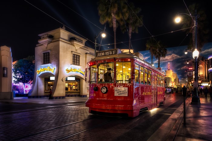 Red Trolley on Buena Vista Street at Night, Disneyland
