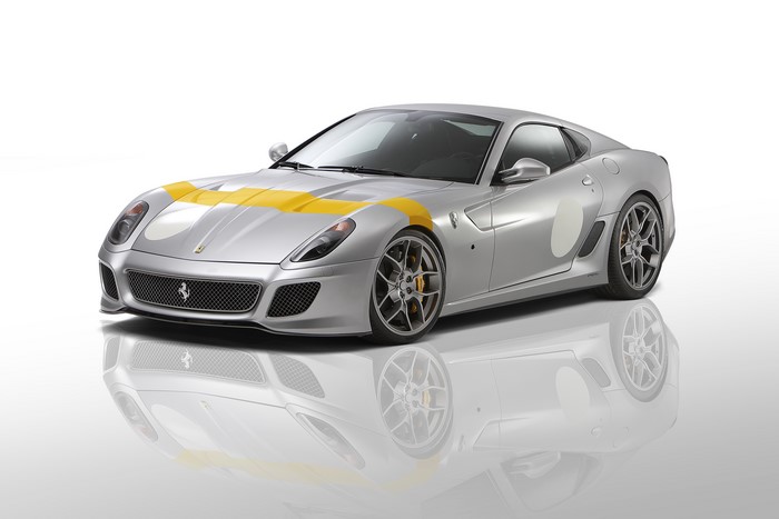 Silver 2011 Ferrari 599 GTO with yellow stripes