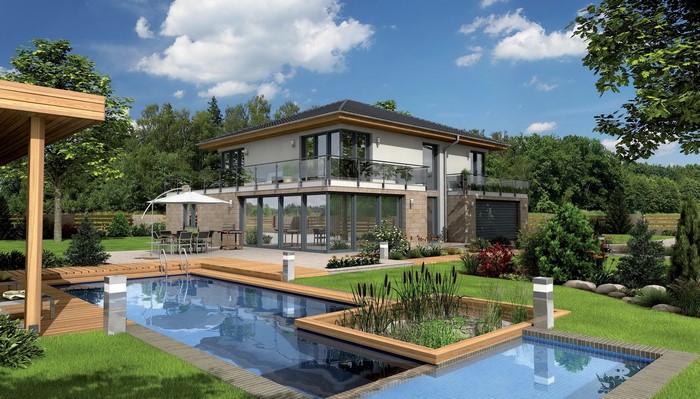 Modern house with swimming pool and garden