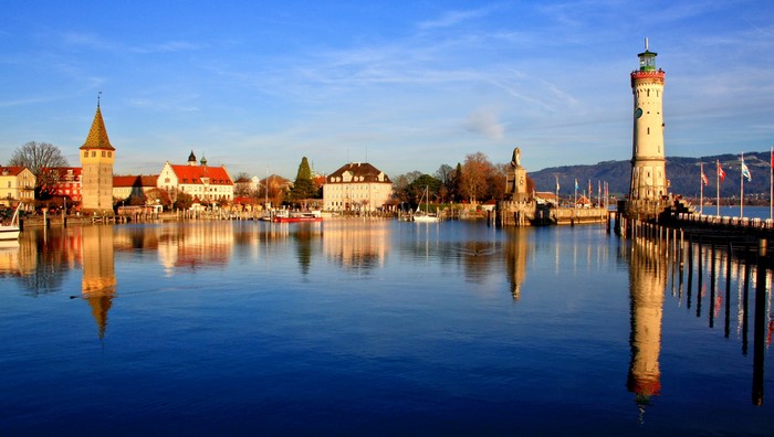 Lindau Harbor with Lighthouse and Bavarian Buildings