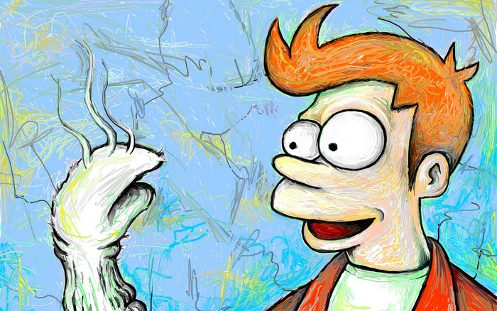 Philip J. Fry holding a creature from Futurama