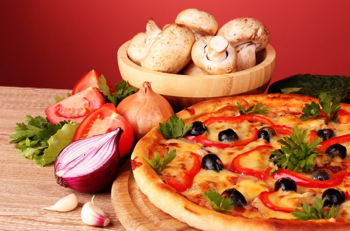 Pizza with Mushrooms, Olives, and Vegetables