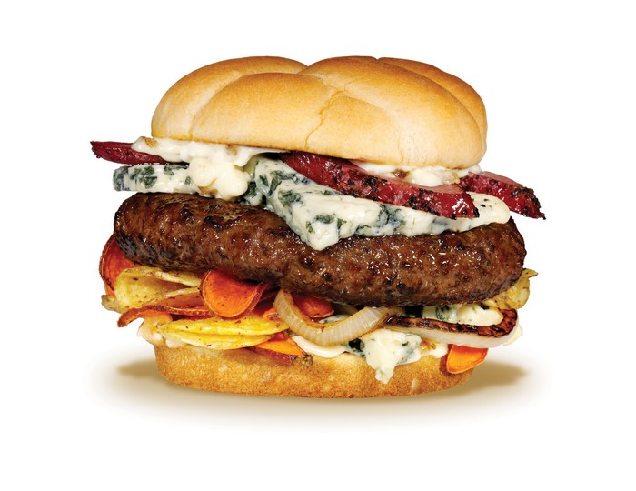 Gourmet burger with blue cheese and chips