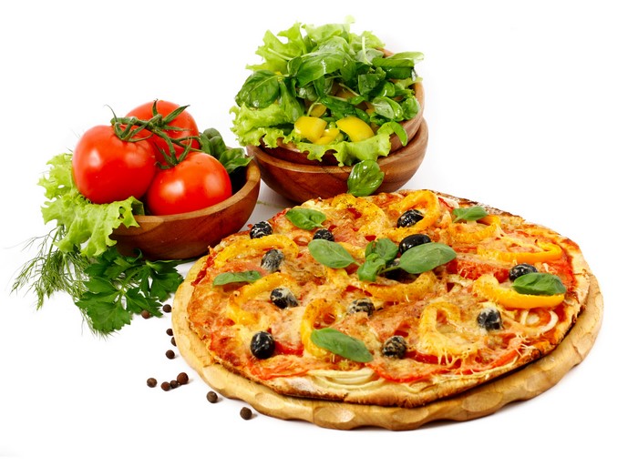 Pizza with Tomatoes and Salad
