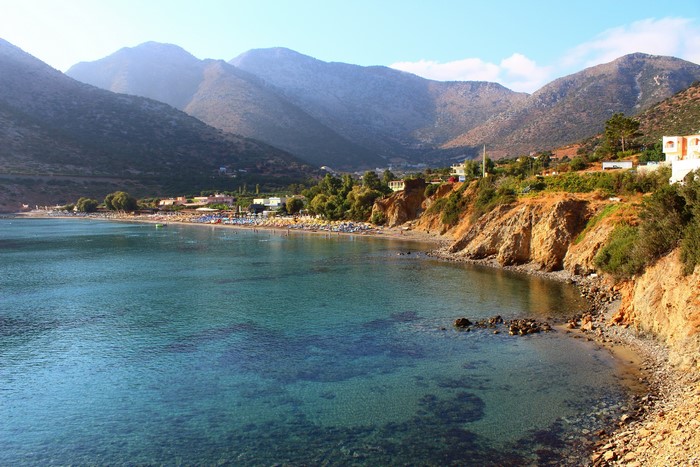 Coastal view of a bay with mountains in Greece