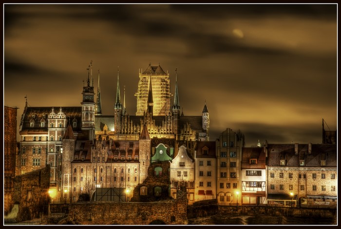 Night view of historic buildings in Poland