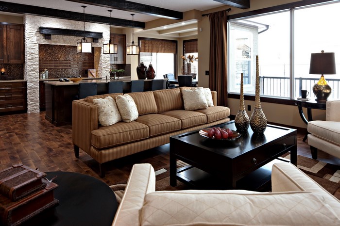 Living room with sofa and kitchen