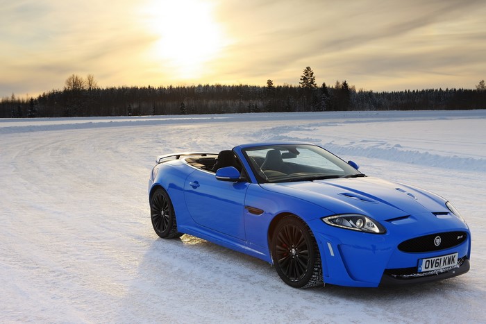 Blue 2012 Jaguar XKR-S Convertible on Snow