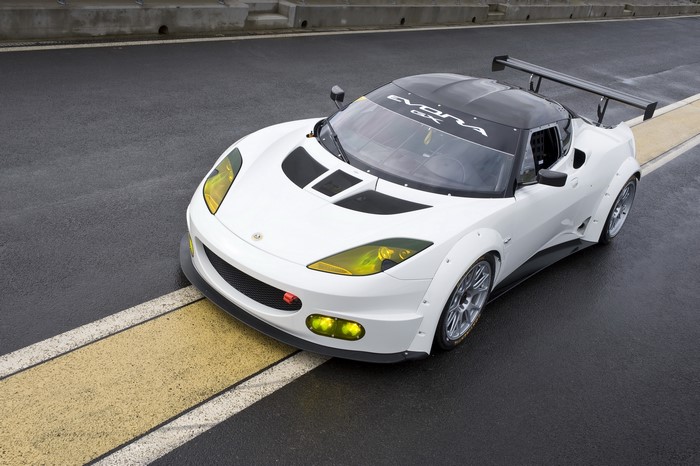 White 2012 Lotus Evora GX race car on asphalt