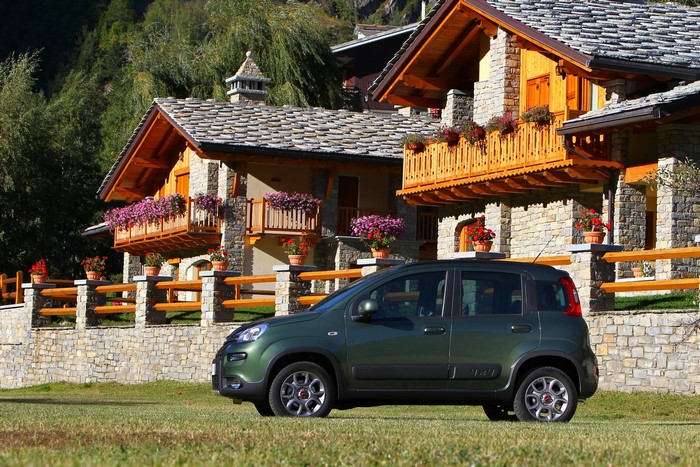 Green Fiat Panda 4x4 parked on grass in front of stone houses