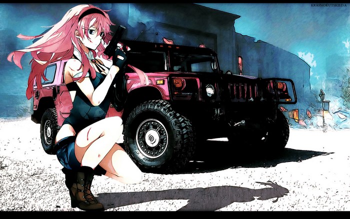 Anime girl with pink hair and gun next to Hummer