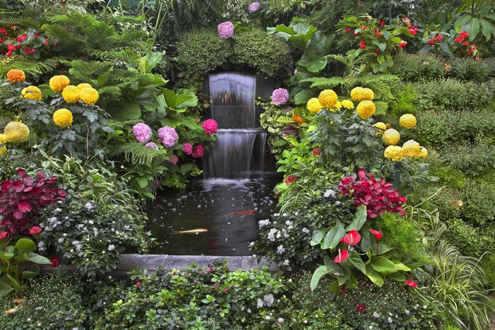 4K Garden Waterfall with Koi Pond and Flowers