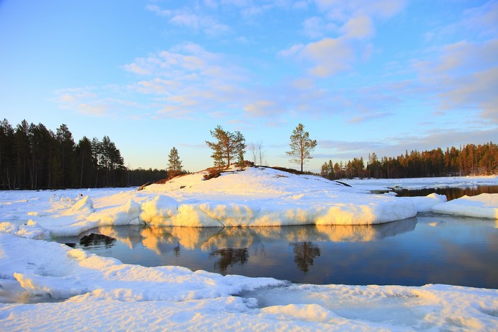 Winter landscape with snow-covered island and trees