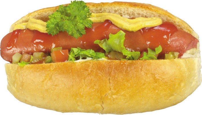 Hot dog with ketchup, mustard, and toppings