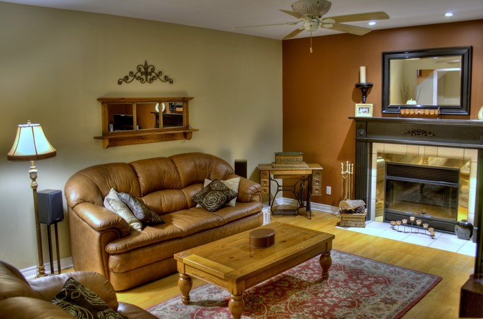 Living room with leather sofa and fireplace