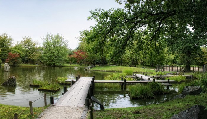 Japanese Garden in Hasselt, Belgium with Pond and Wooden Bridge