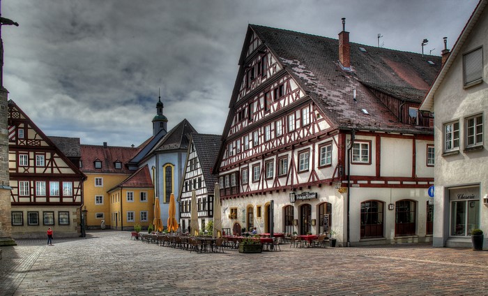 Half-timbered houses and cobblestone square in Schwabisch Gmund, Germany
