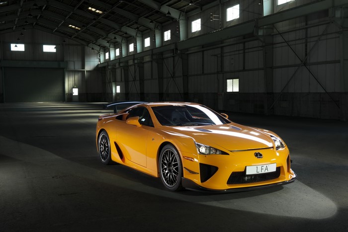 Yellow 2012 Lexus LFA Nurburgring Edition in warehouse