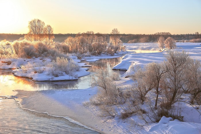 Winter river landscape with snow-covered trees at sunrise