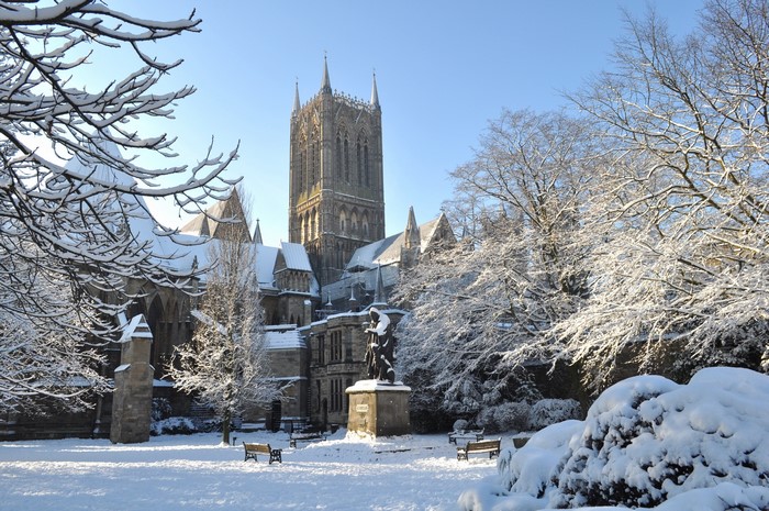 Lincoln Cathedral in England covered in snow