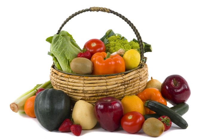 Vegetables and fruits in a wicker basket