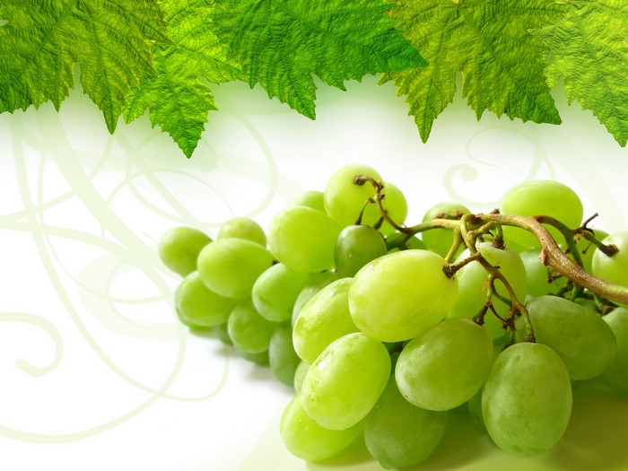 Green grapes with leaves and decorative swirls