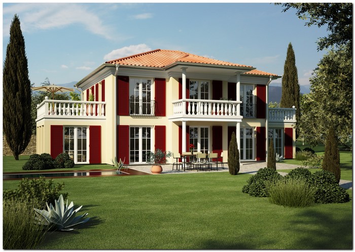 A two-story house with red shutters and a tiled roof.