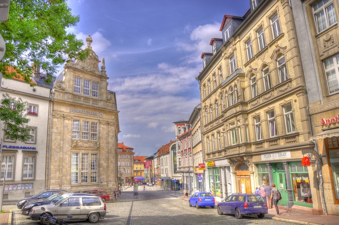 Street view of Eisenach, Thuringia, Germany with historic buildings