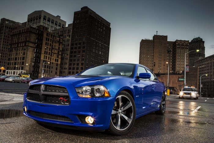 Blue Dodge Charger Daytona in a city