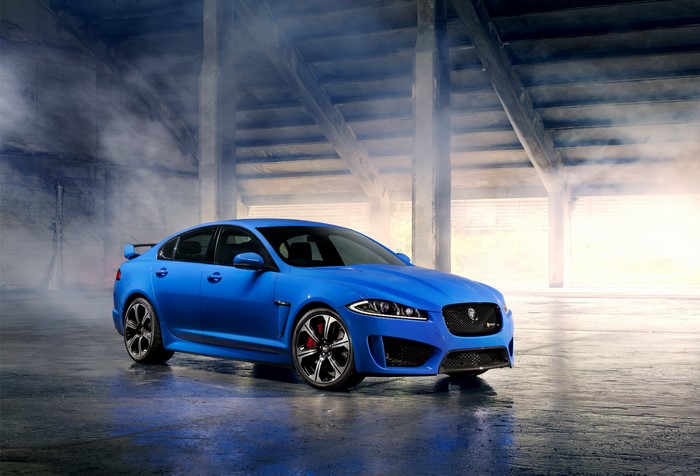 Blue 2013 Jaguar XFR-S in warehouse