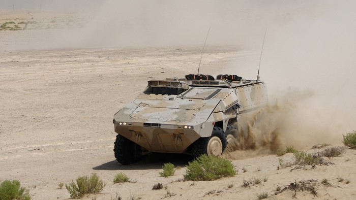 Boxer Armored Personnel Carrier driving in desert
